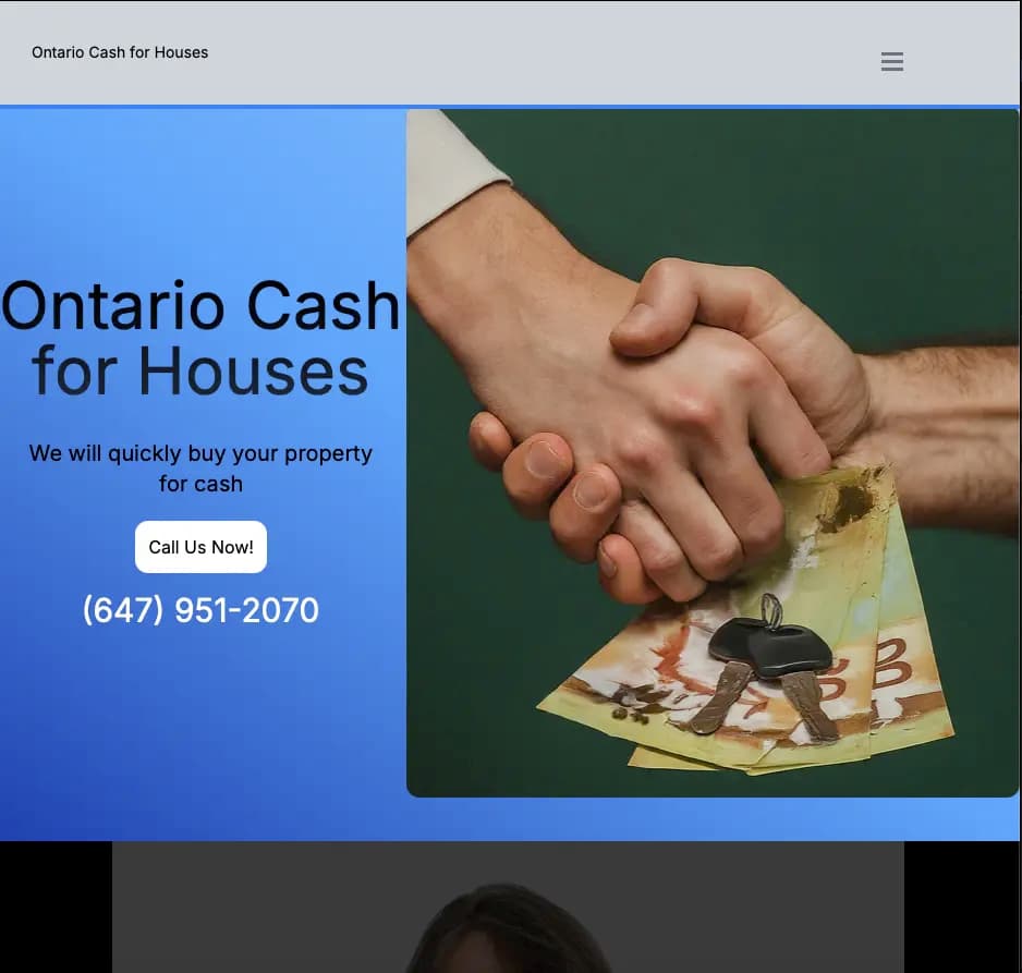 Creative web design Halifax for Ontario cash for houses business, featuring parallax videos and slideshows to present stress-free home-selling information
